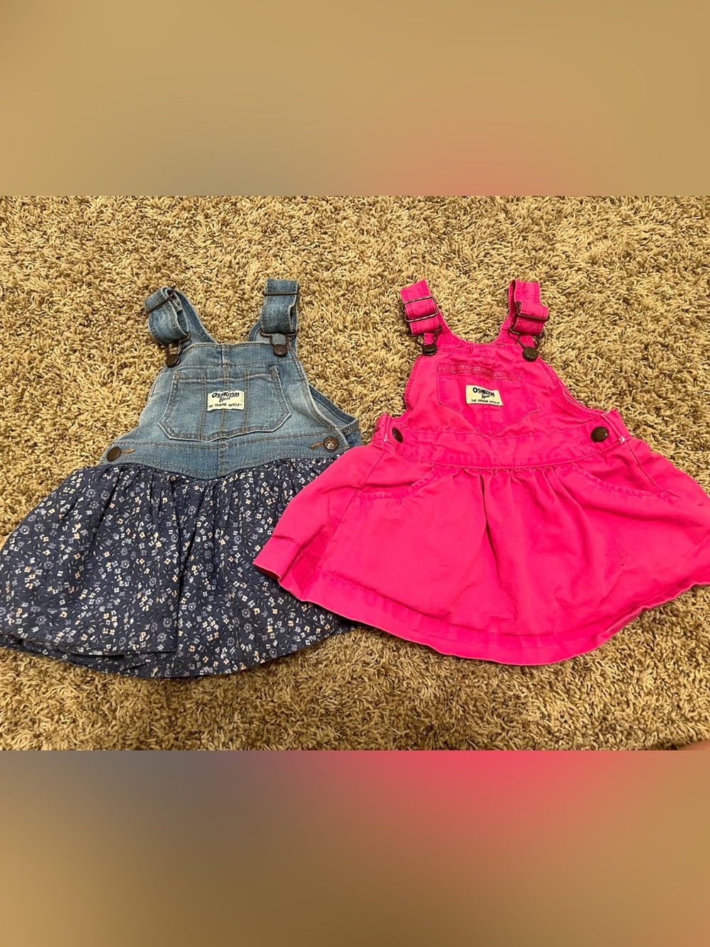 OshKosh B'gosh Pink and Blue Denim Floral Overall Dresses